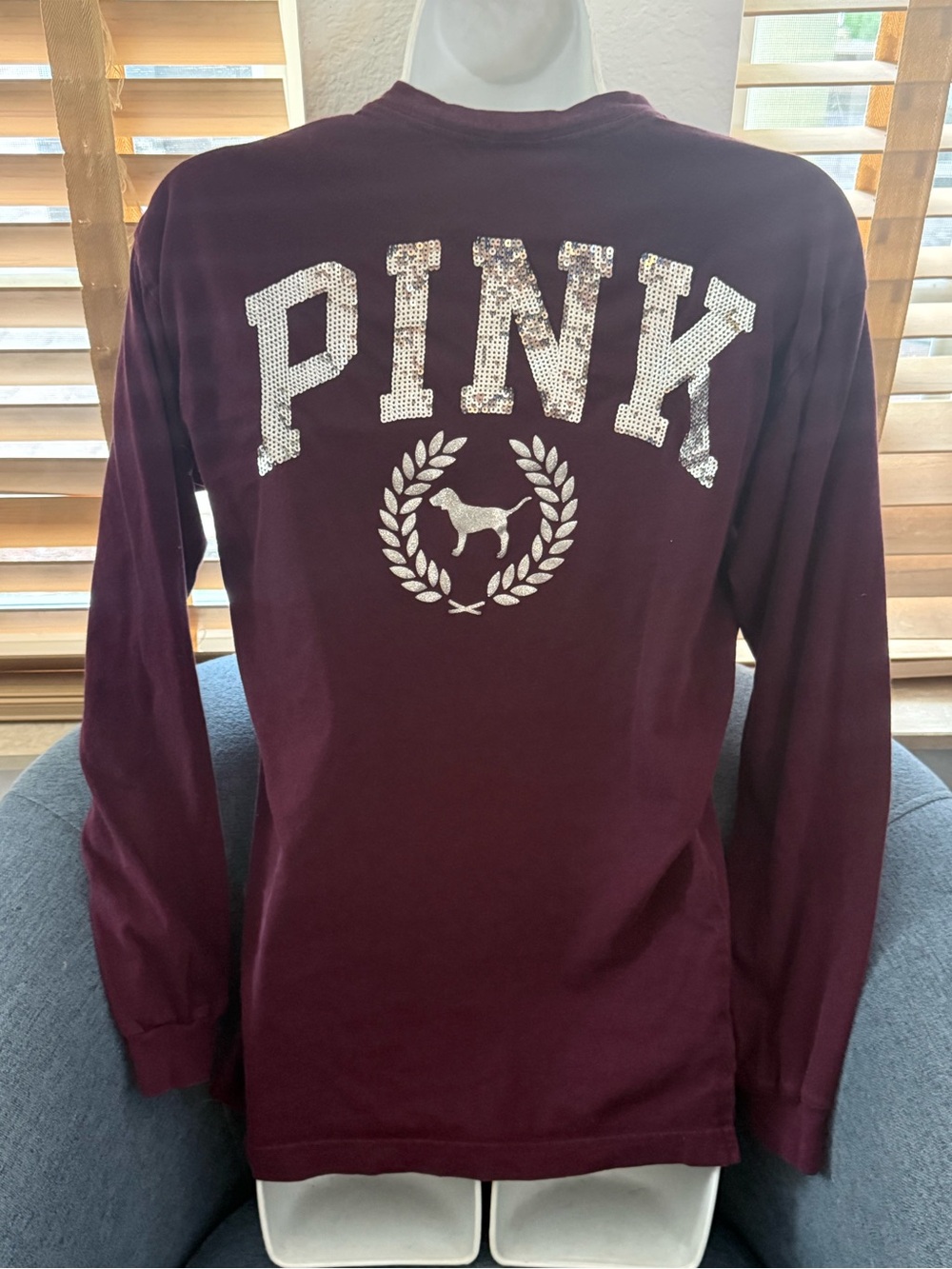 PINK Victoria’s Secret XS Burgundy Long Sleeve Shirt Sequin Dog Logo Pocket